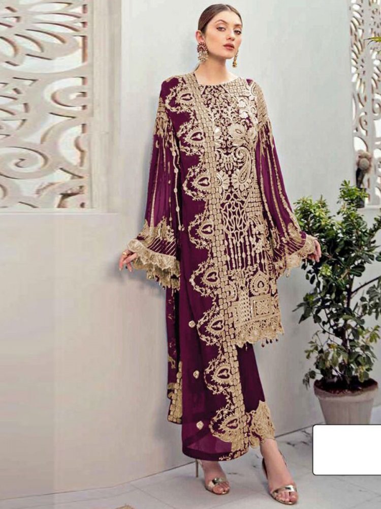 Byzantium Purple Faux Georgette Embroidered Festival Pant Kameez