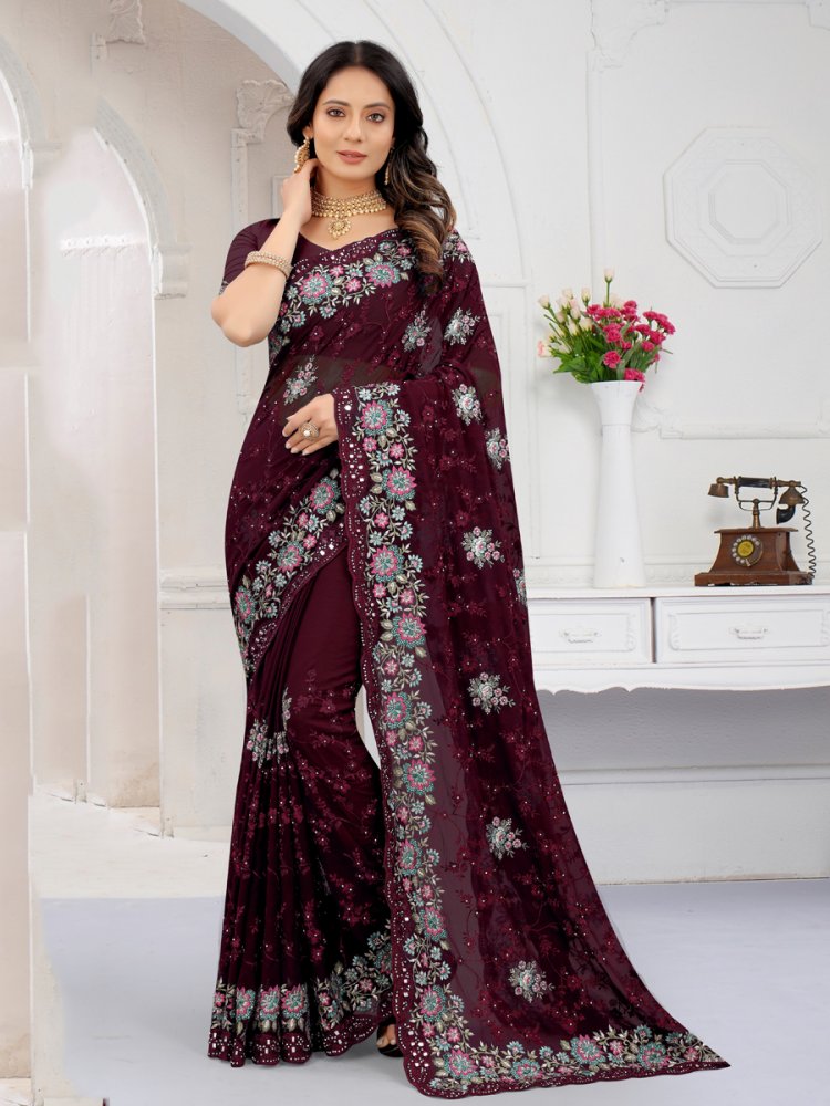 Byzantium Purple Faux Georgette Embroidered Party Saree