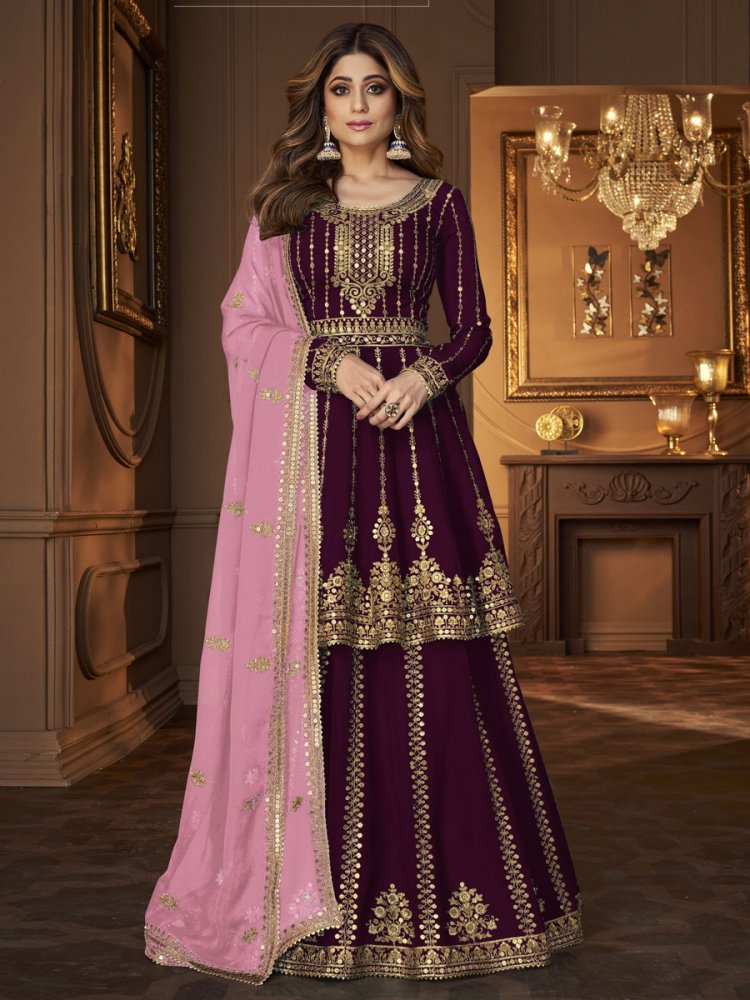 Byzantium Purple Faux Georgette Embroidered Party Sharara Pant Kameez