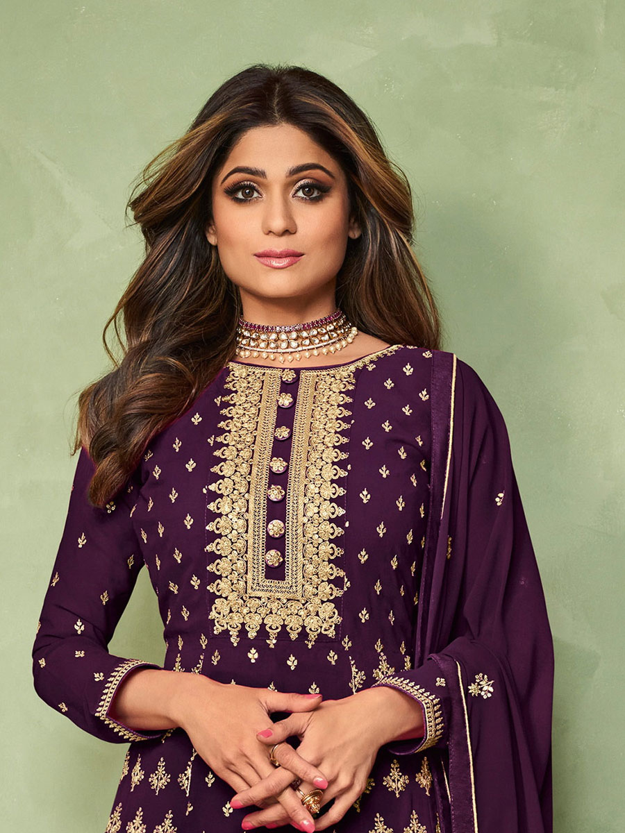 Byzantium Purple Georgette Embroidered Party Lawn Kameez