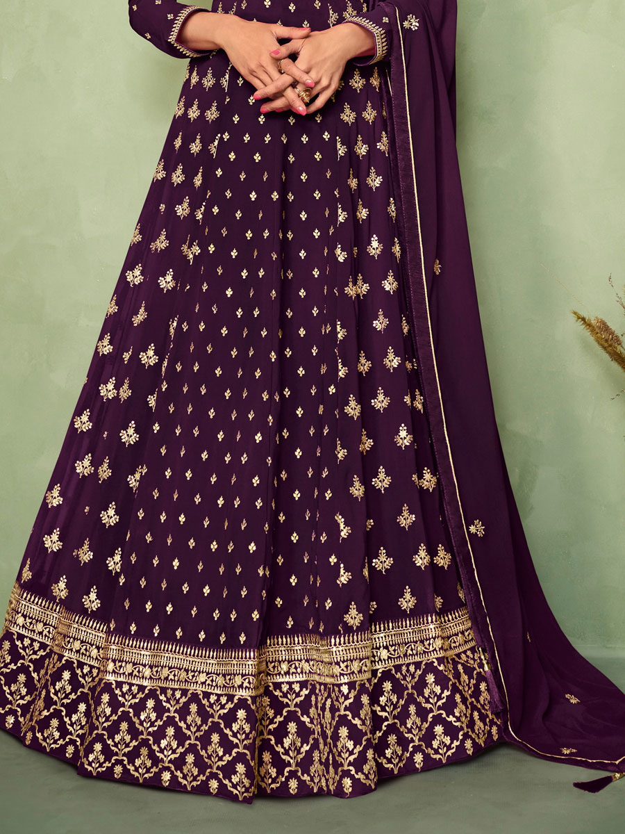 Byzantium Purple Georgette Embroidered Party Lawn Kameez