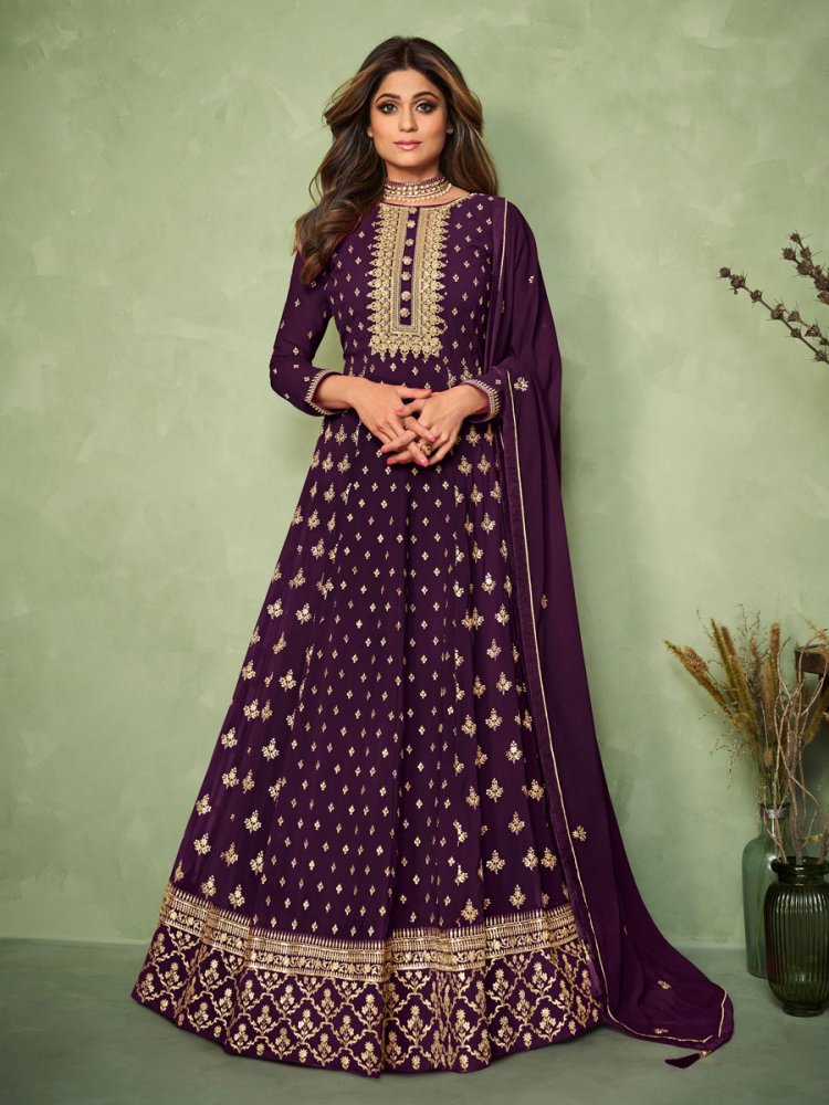 Byzantium Purple Georgette Embroidered Party Lawn Kameez
