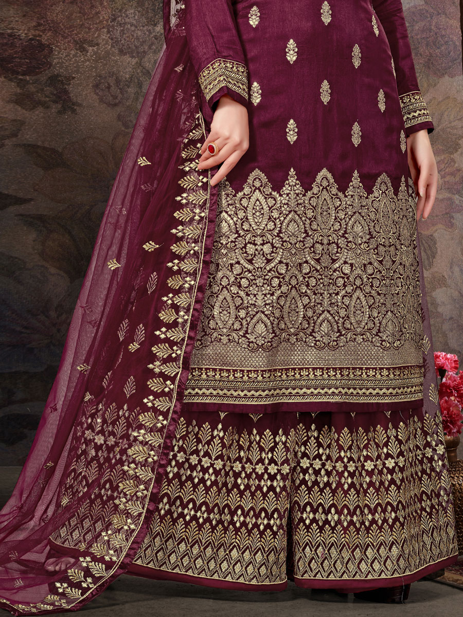 Byzantium Purple Jacquard Embroidered Party Palazzo Pant Kameez
