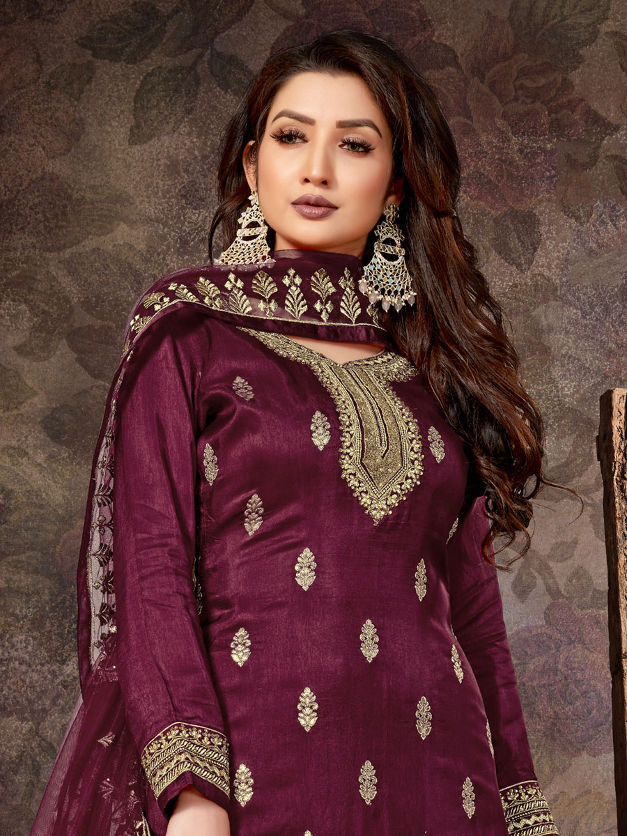 Byzantium Purple Jacquard Embroidered Party Palazzo Pant Kameez