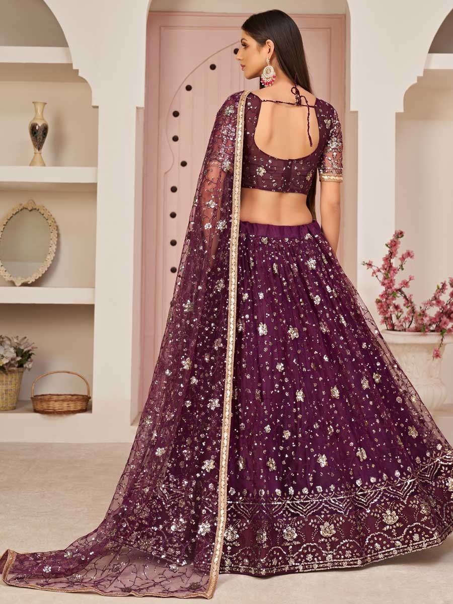 Byzantium Purple Net Embroidered Party Lehenga Choli