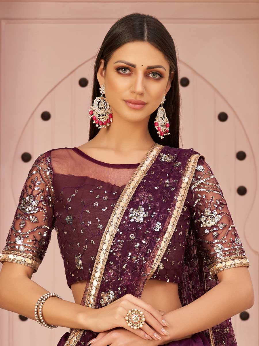 Byzantium Purple Net Embroidered Party Lehenga Choli