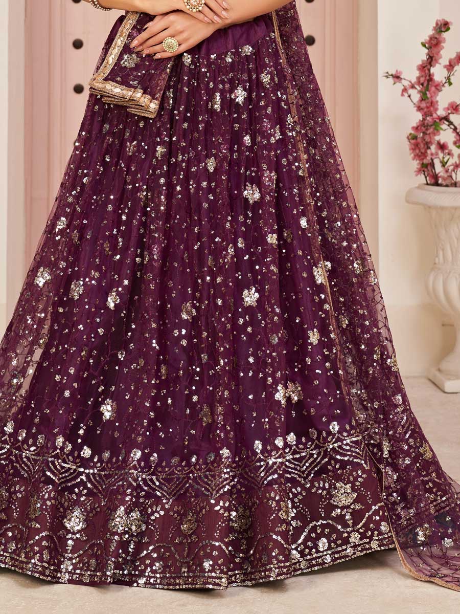 Byzantium Purple Net Embroidered Party Lehenga Choli