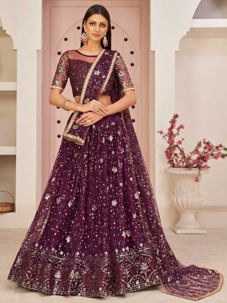 Byzantium Purple Net Embroidered Party Lehenga Choli
