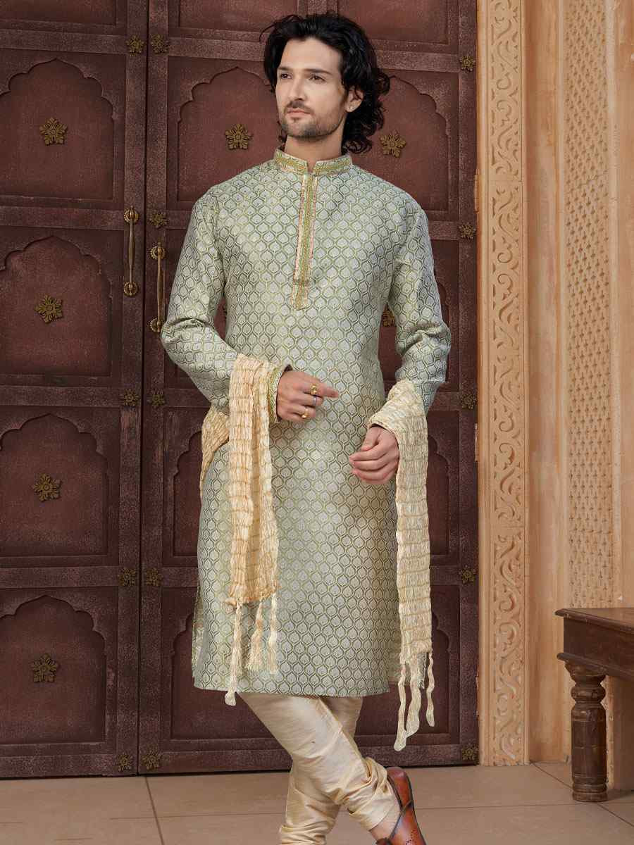 C Green Banarasi Jackard Embroidery Festival Wedding Party Mens Kurta