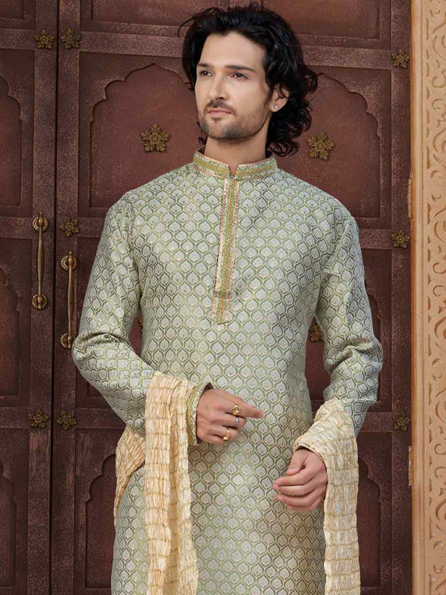 C Green Banarasi Jackard Embroidery Festival Wedding Party Mens Kurta
