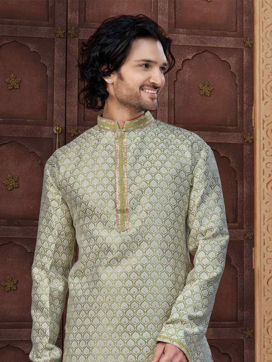 C Green Banarasi Jackard Embroidery Festival Wedding Party Mens Kurta