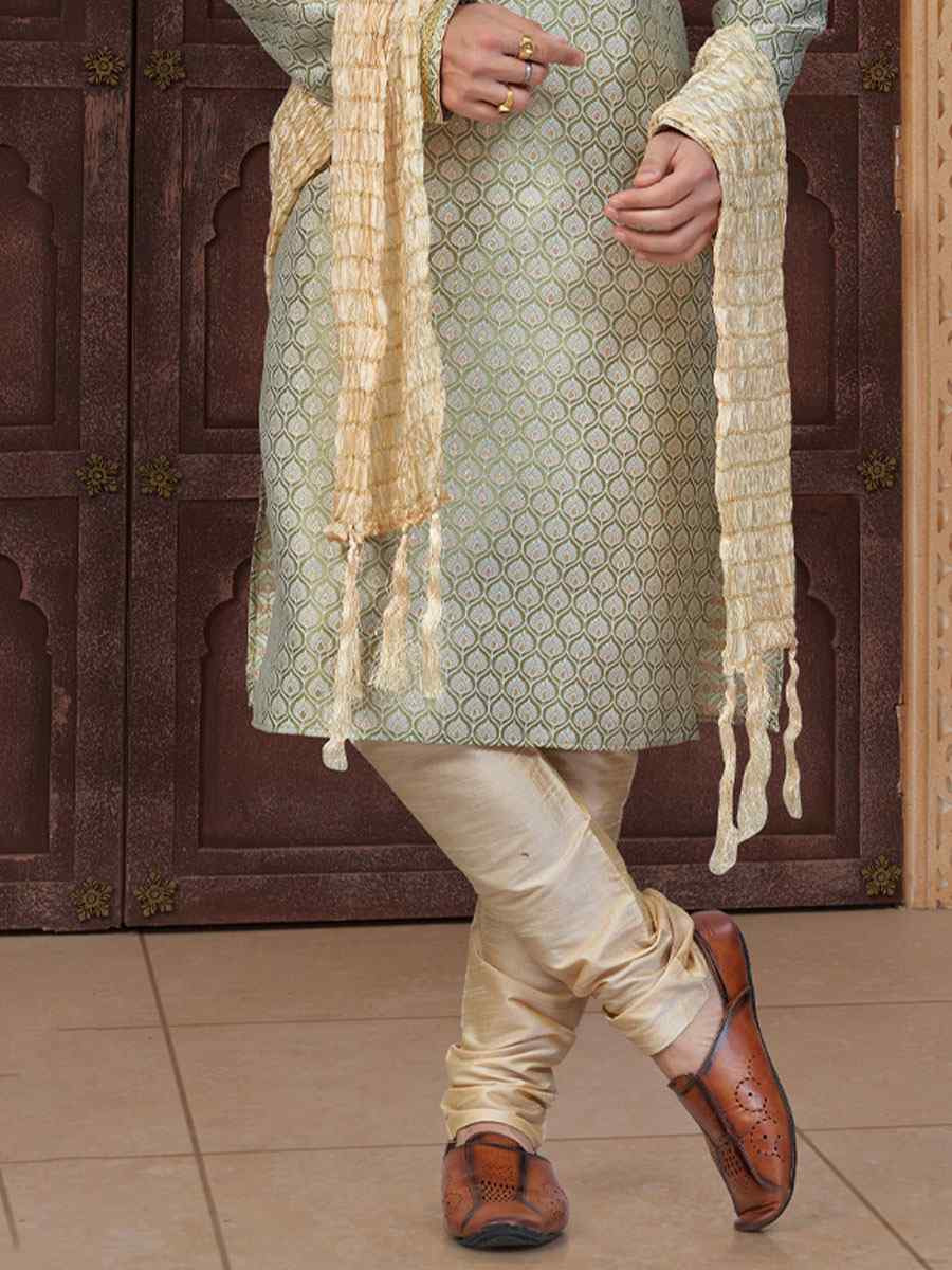 C Green Banarasi Jackard Embroidery Festival Wedding Party Mens Kurta