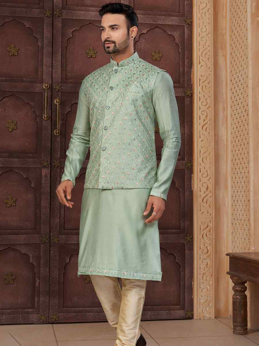 C Green Banarasi Jackard Embroidery Festival Wedding Party Mens Kurta with Jacket