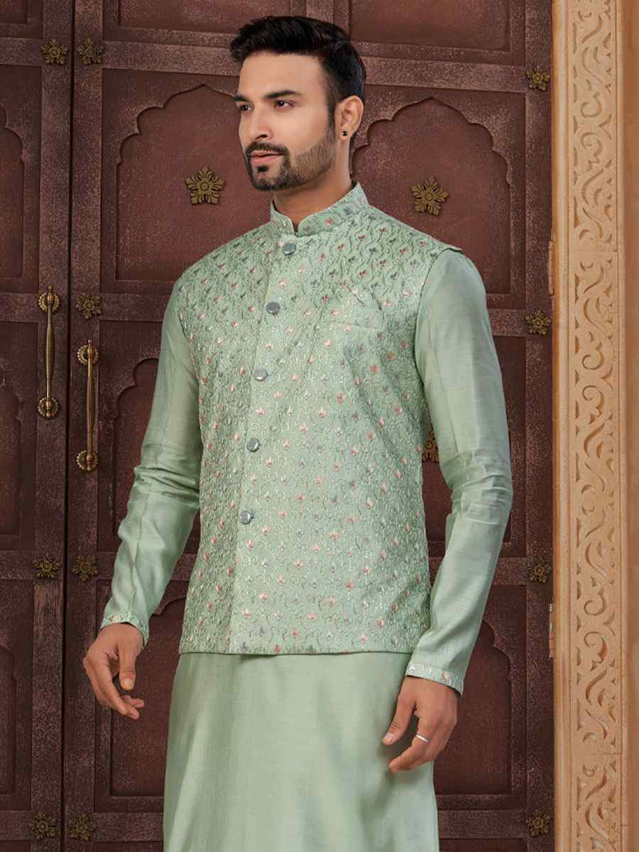 C Green Banarasi Jackard Embroidery Festival Wedding Party Mens Kurta with Jacket