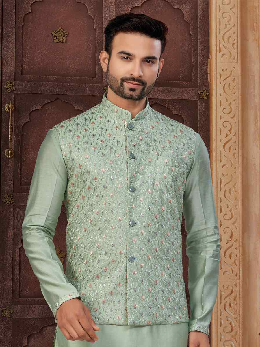 C Green Banarasi Jackard Embroidery Festival Wedding Party Mens Kurta with Jacket