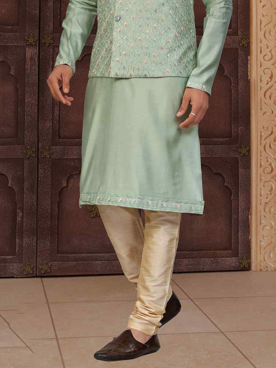 C Green Banarasi Jackard Embroidery Festival Wedding Party Mens Kurta with Jacket