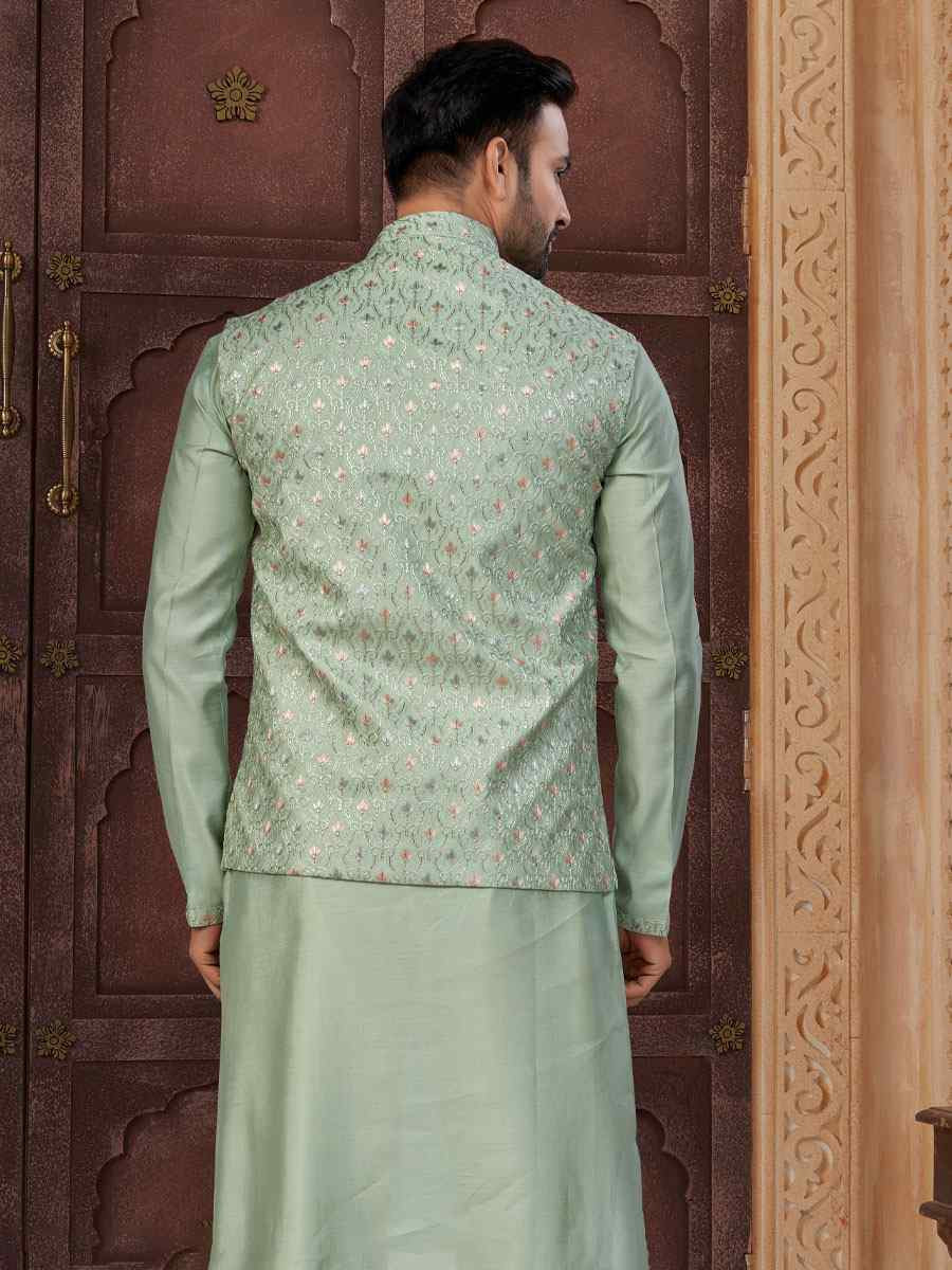 C Green Banarasi Jackard Embroidery Festival Wedding Party Mens Kurta with Jacket