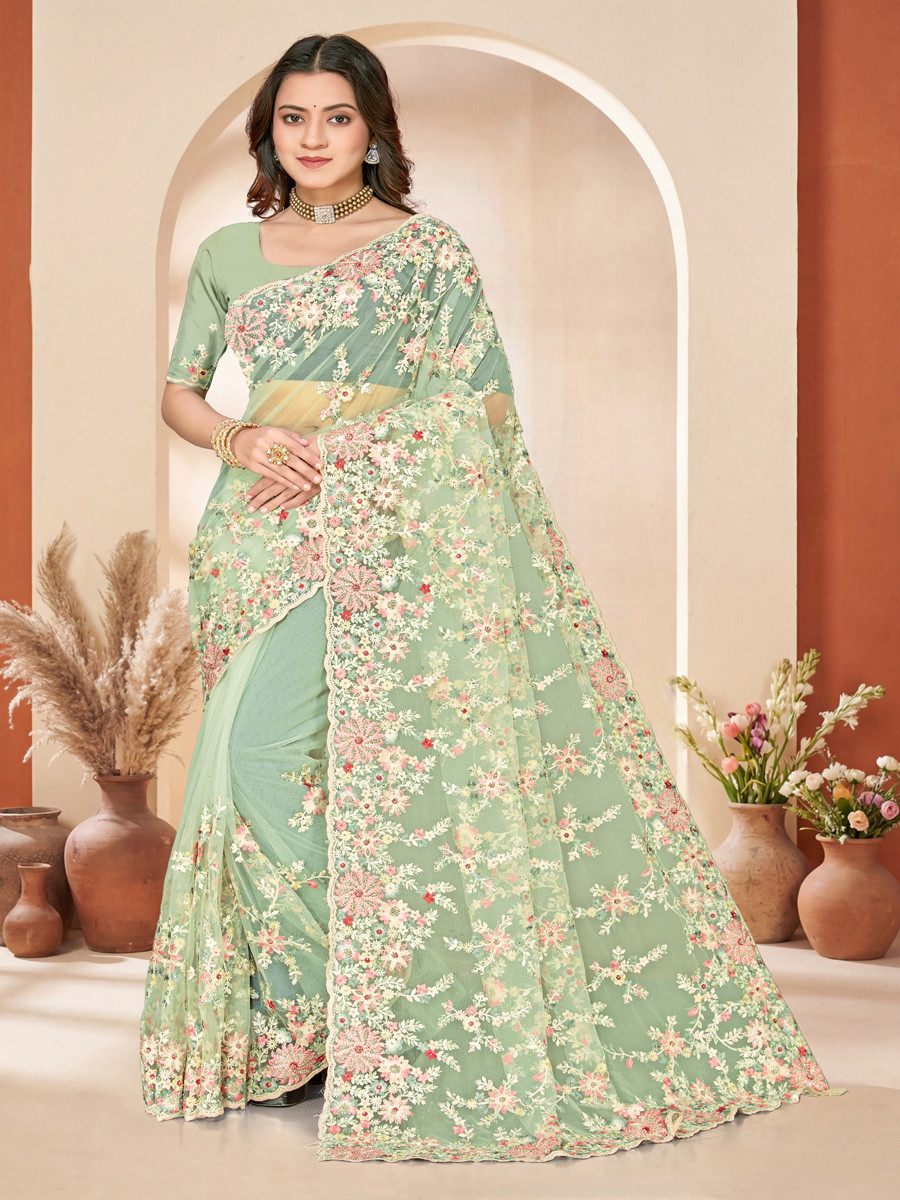 C green Net Embroidery Zari Wedding Reception Party Festival Casual Heavy Border Sarees