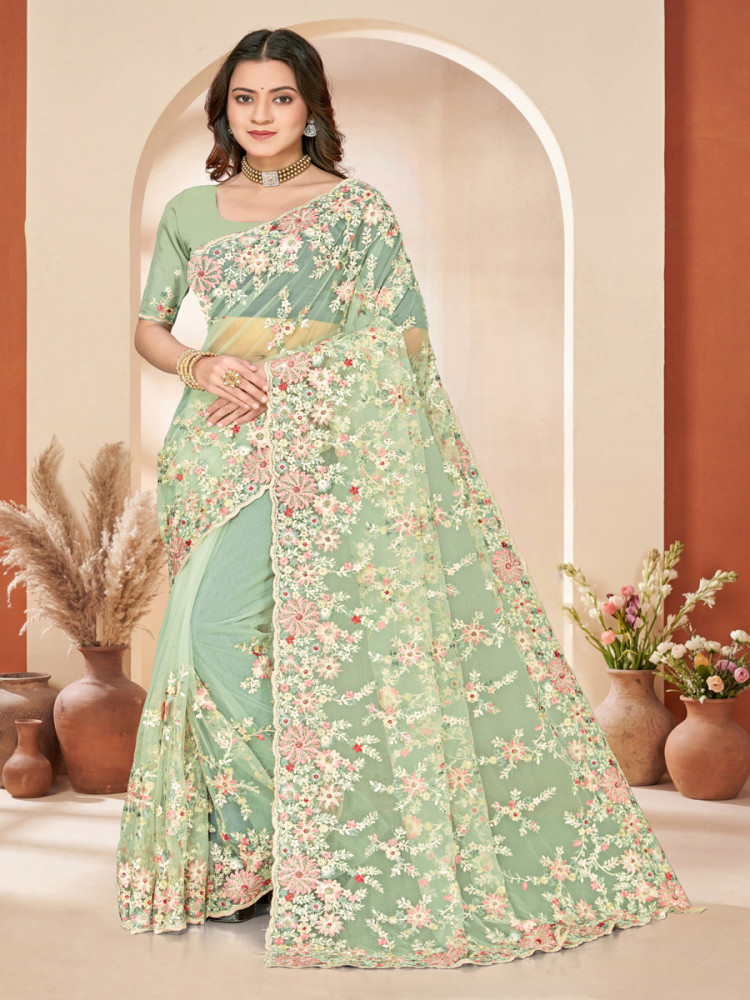 Image of C green Net Embroidery Zari Wedding Reception Party Festival Casual Heavy Border Sarees