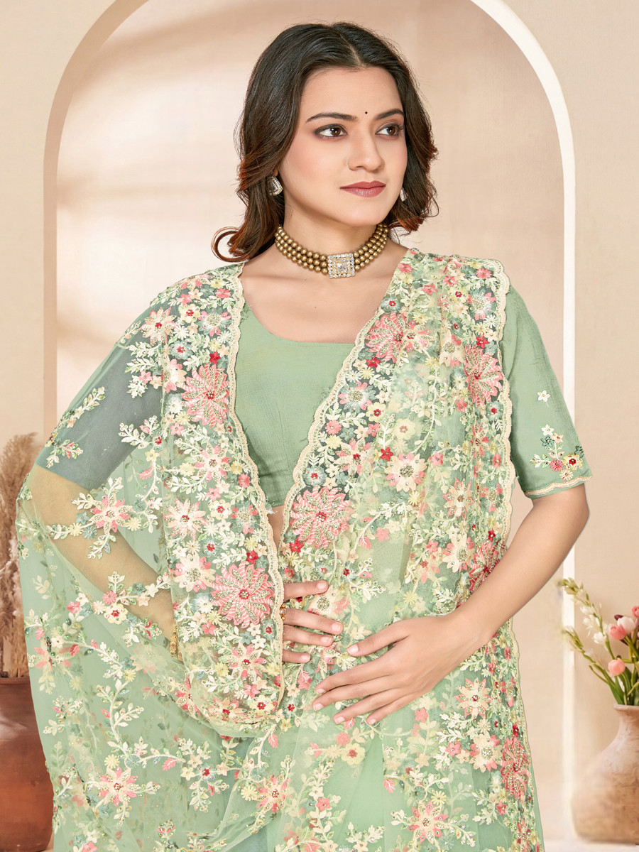 C green Net Embroidery Zari Wedding Reception Party Festival Casual Heavy Border Sarees