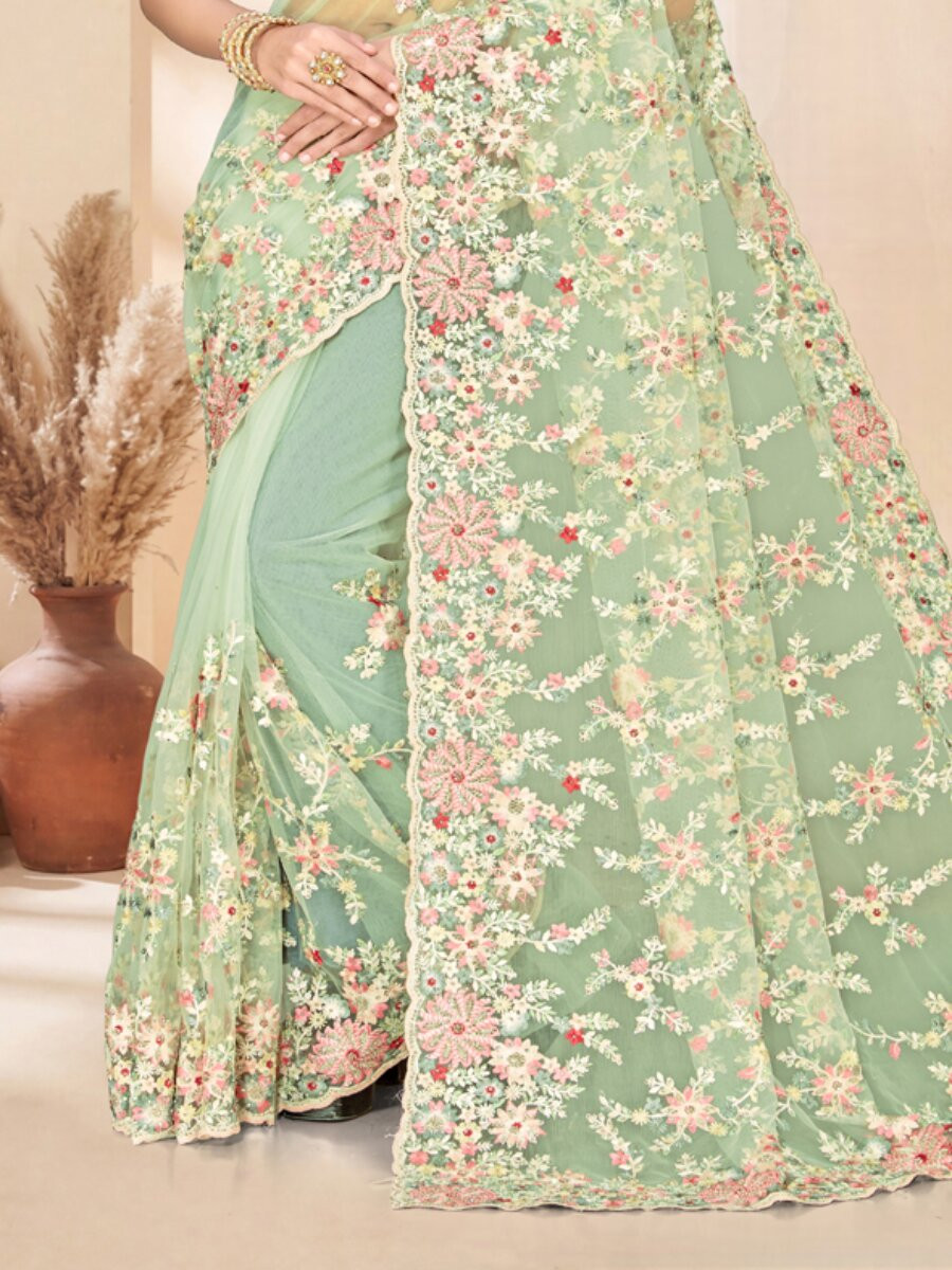C green Net Embroidery Zari Wedding Reception Party Festival Casual Heavy Border Sarees