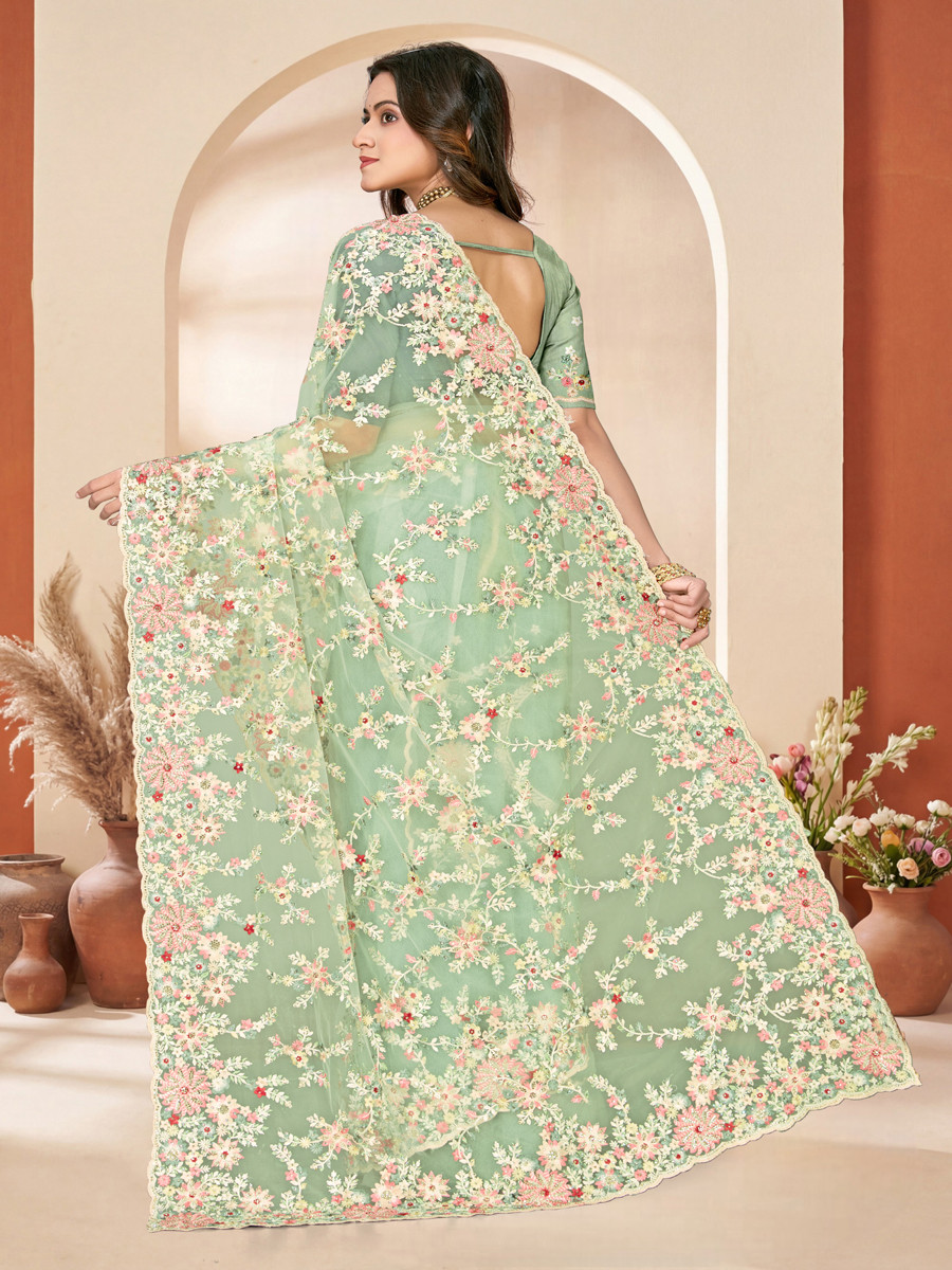 C green Net Embroidery Zari Wedding Reception Party Festival Casual Heavy Border Sarees