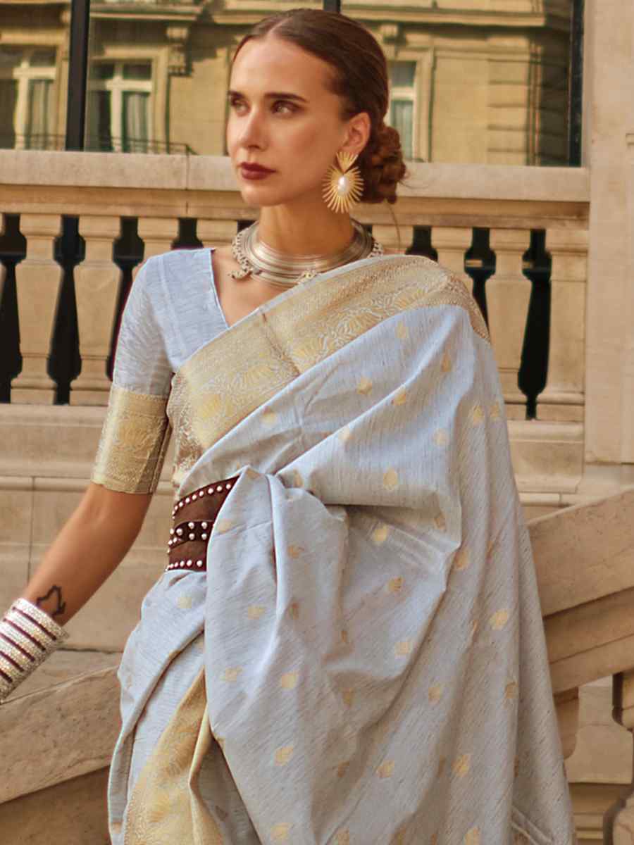 Cadet Grey Khadi Silk Handwoven Wedding Festival Heavy Border Saree