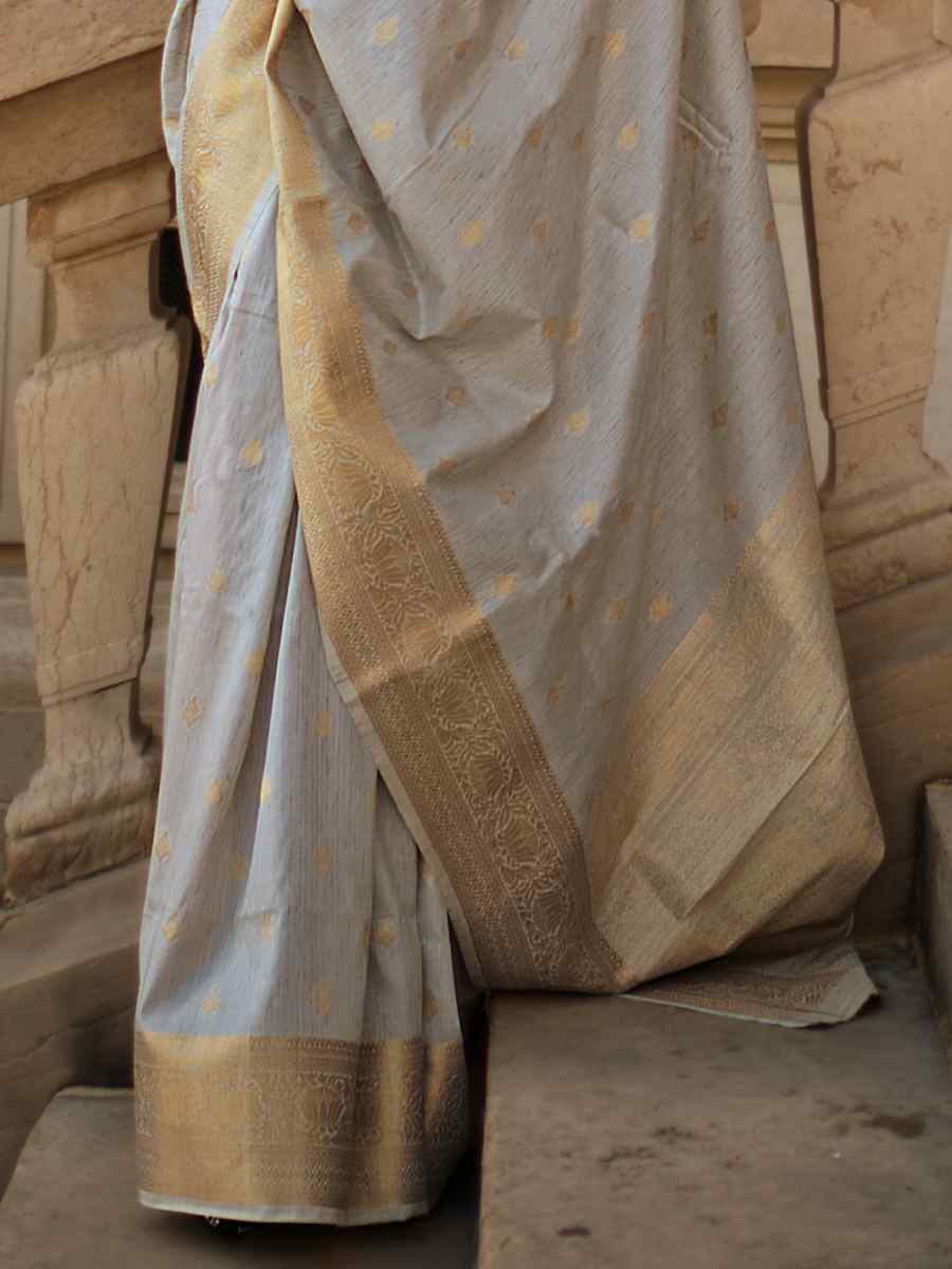 Cadet Grey Khadi Silk Handwoven Wedding Festival Heavy Border Saree