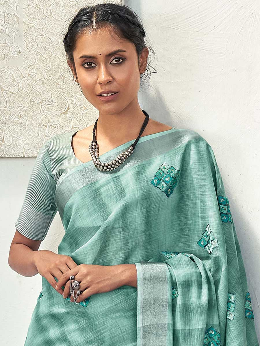 Cambridge Blue Linen Embroidered Festival Saree