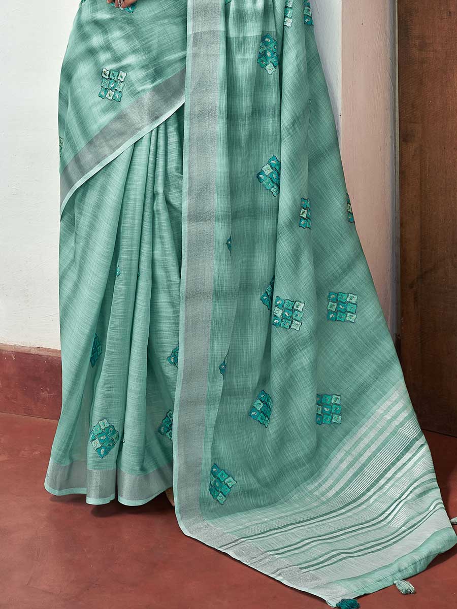 Cambridge Blue Linen Embroidered Festival Saree
