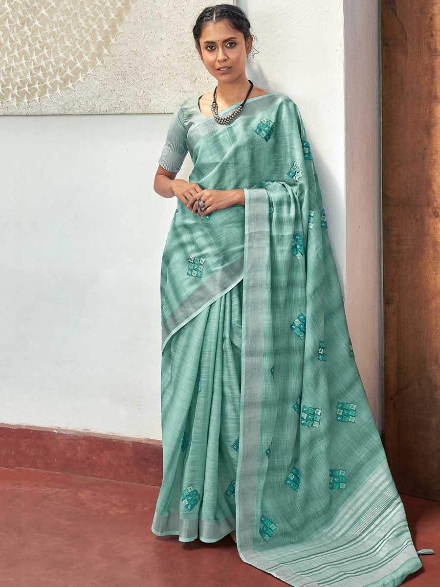 Cambridge Blue Linen Embroidered Festival Saree