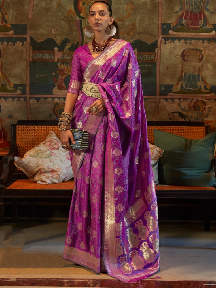 Camelot Purple Pure Satin Silk Handwoven Wedding Festival Heavy Border Saree