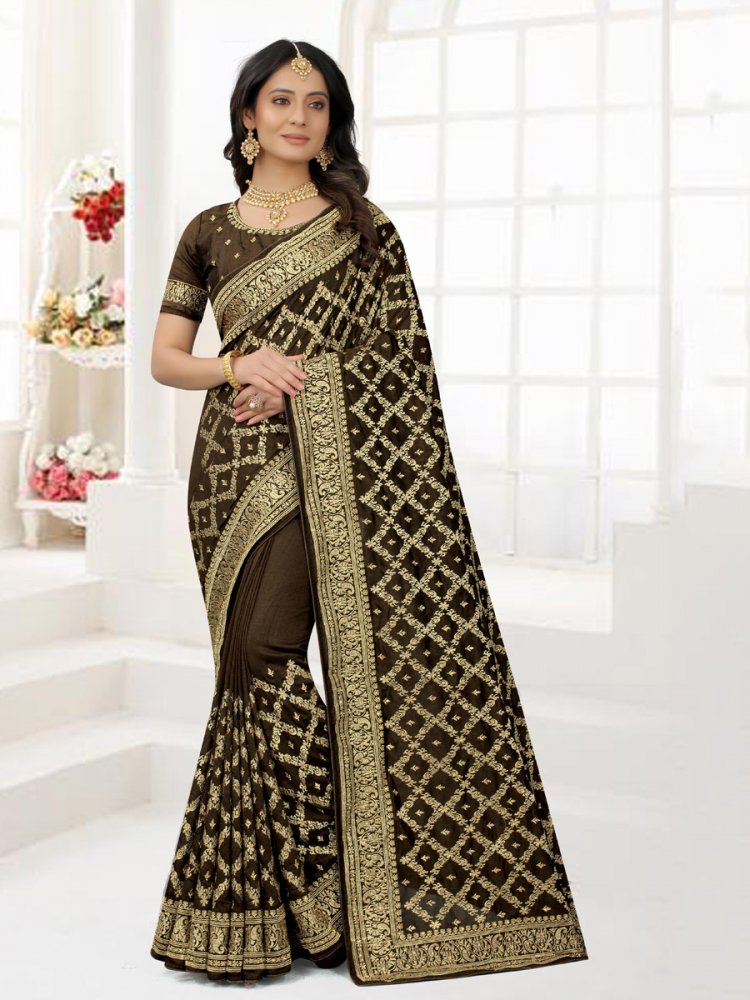 Camouflage Green Silk Embroidered Party Saree