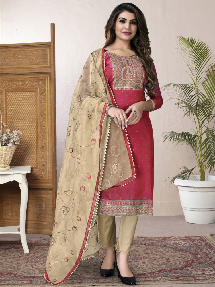 Cardinal Red Chanderi Cotton Embroidered Party Pant Kameez