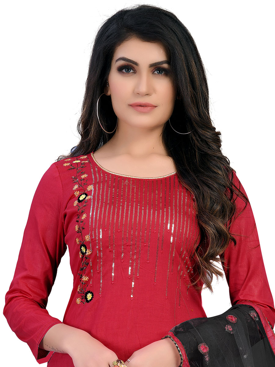 Cardinal Red Cotton Embroidered Festival Churidar Kameez