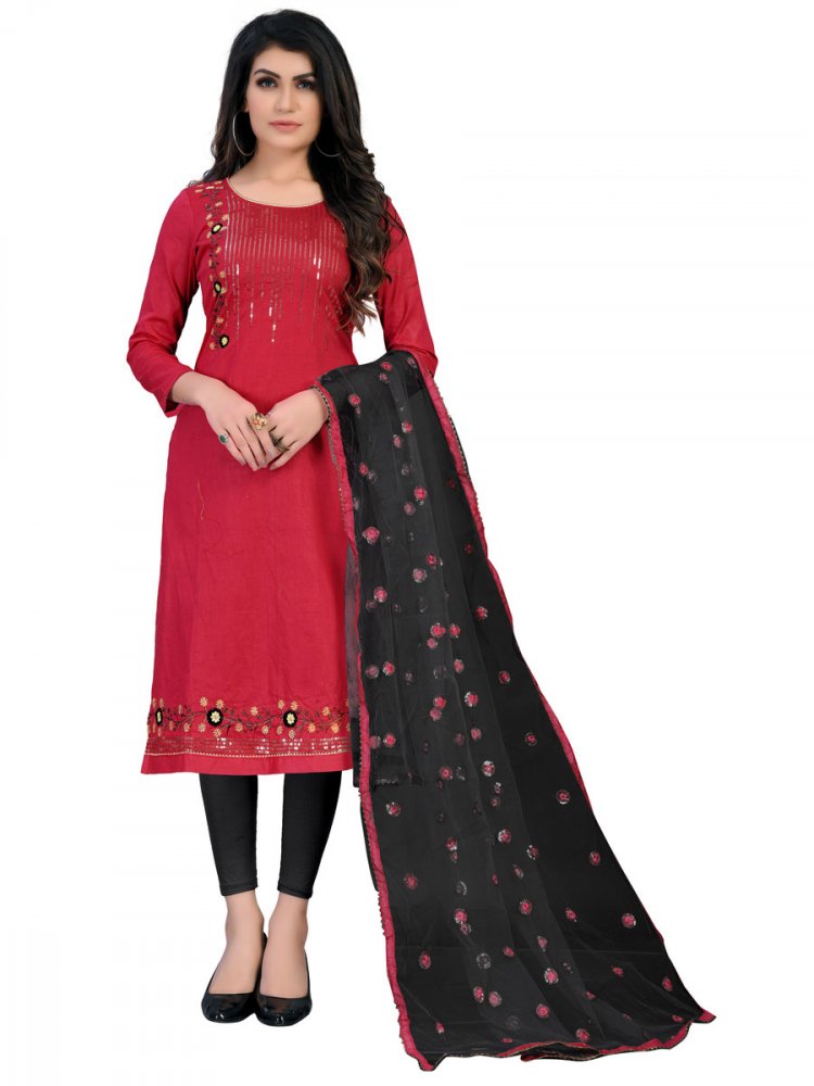 Cardinal Red Cotton Embroidered Festival Churidar Kameez