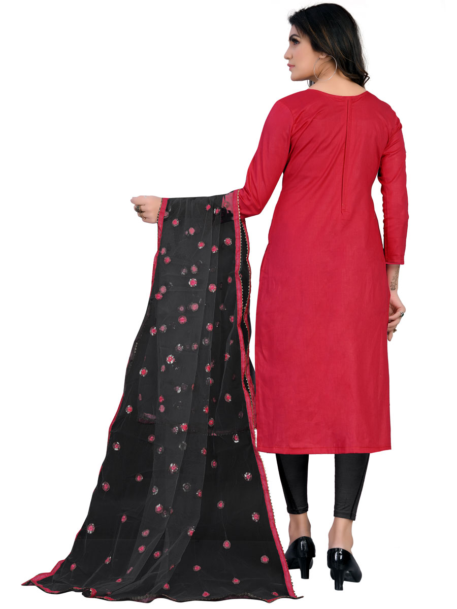 Cardinal Red Cotton Embroidered Festival Churidar Kameez
