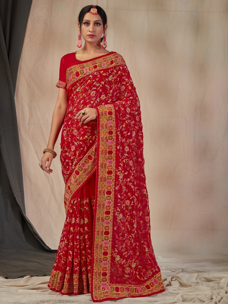 Cardinal Red Faux Georgette Embroidered Party Saree