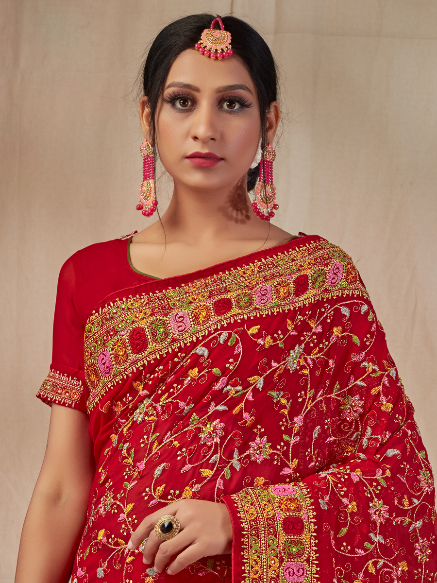 Cardinal Red Faux Georgette Embroidered Party Saree