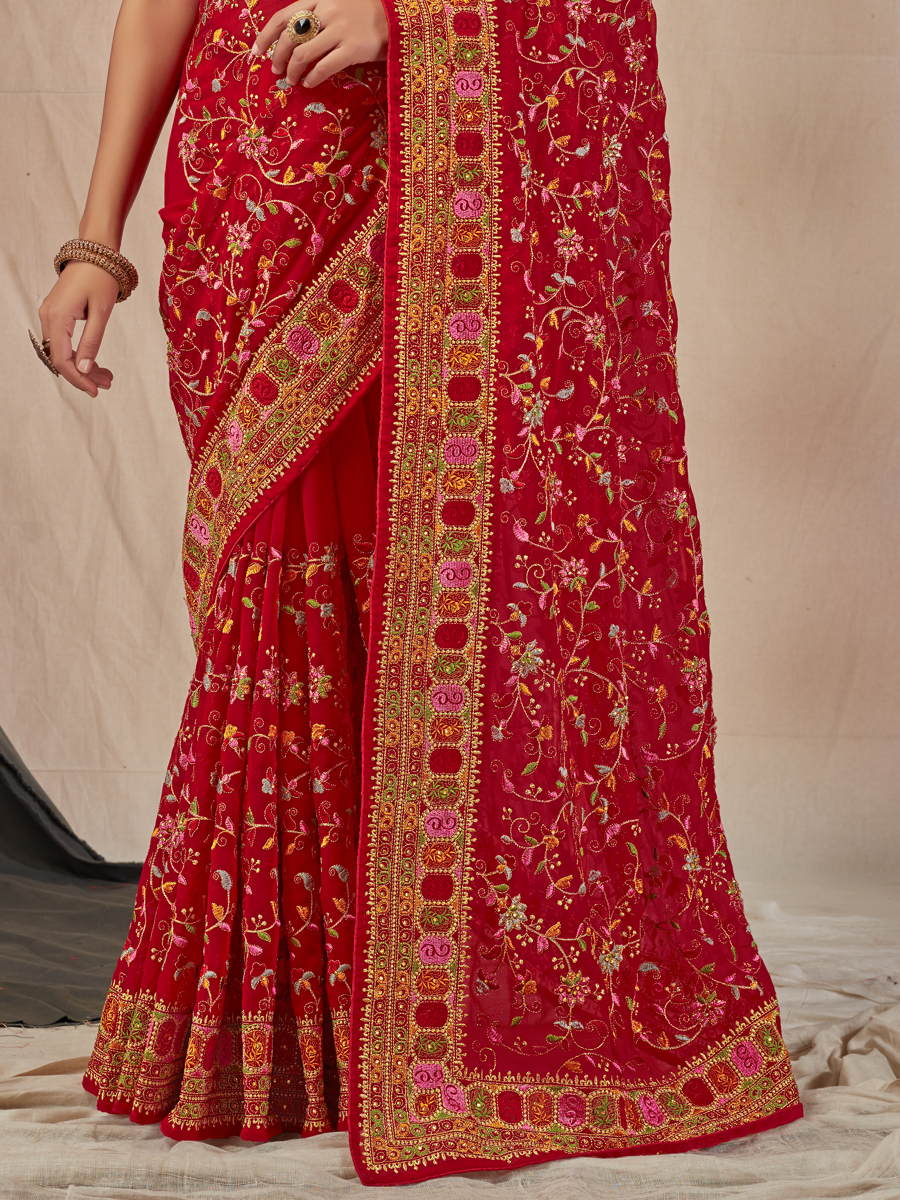 Cardinal Red Faux Georgette Embroidered Party Saree