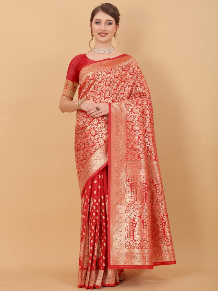 Cardinal Red Silk Handwoven Party Saree