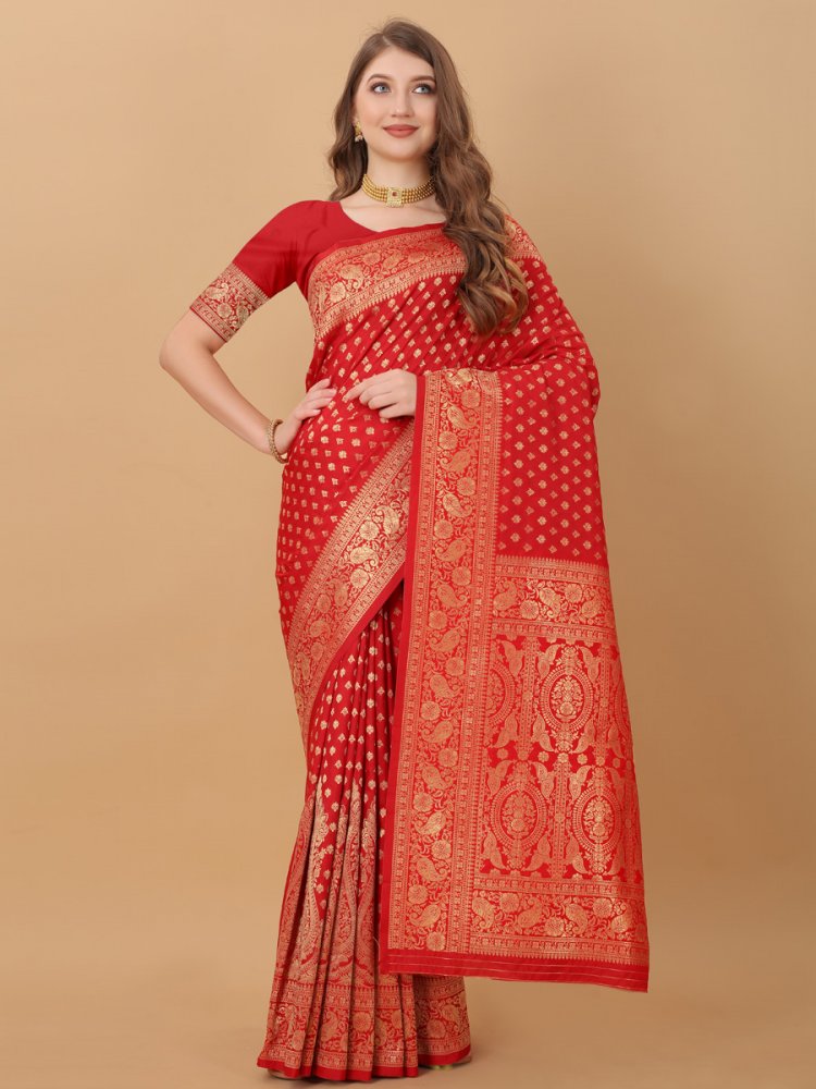 Cardinal Red Silk Handwoven Party Saree