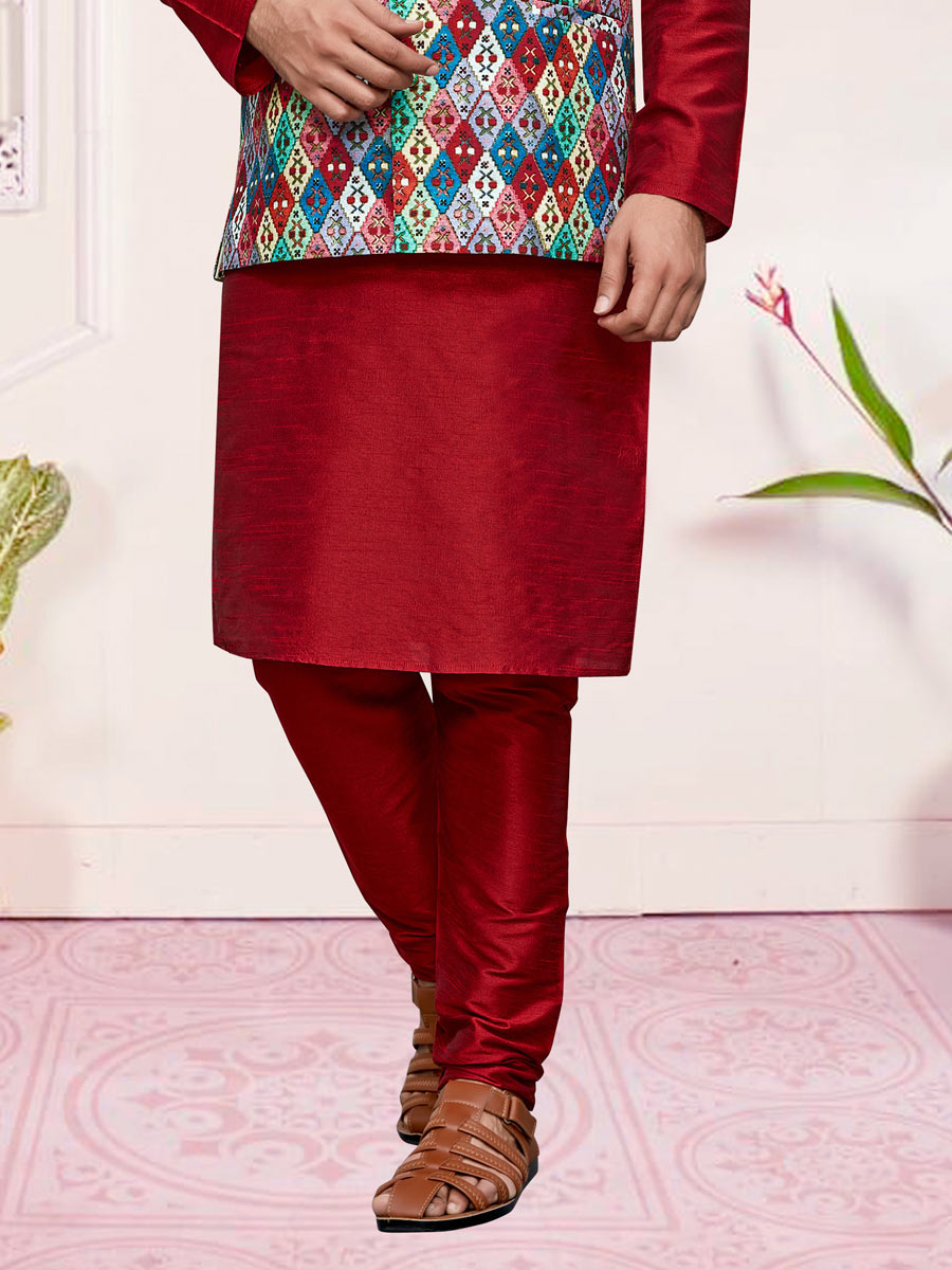 Carmine Red Art Silk Festival Printed Kurta Set With Jacket