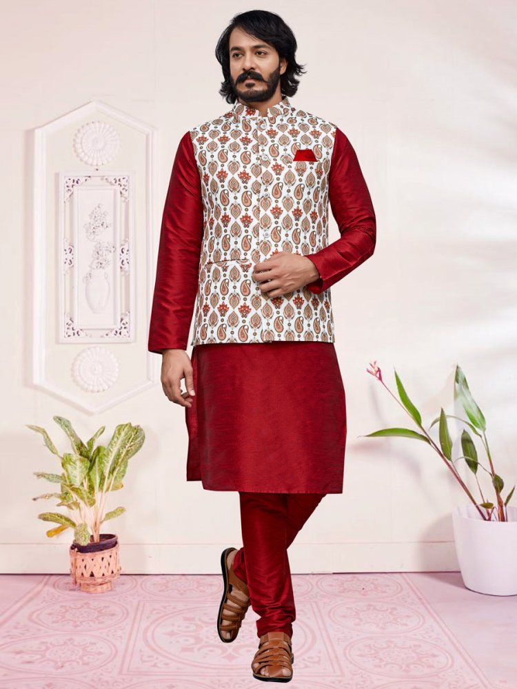 Carmine Red Art Silk Festival Printed Kurta Set With Jacket