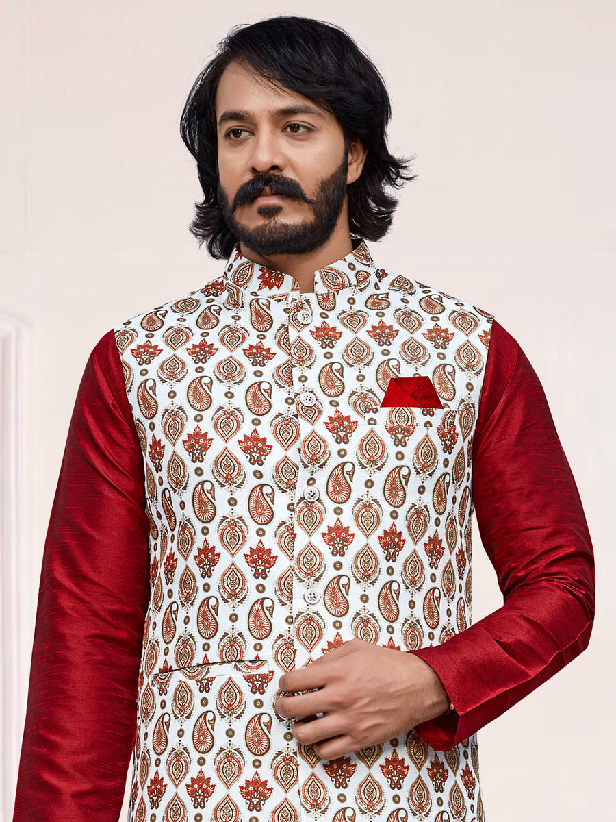 Carmine Red Art Silk Festival Printed Kurta Set With Jacket