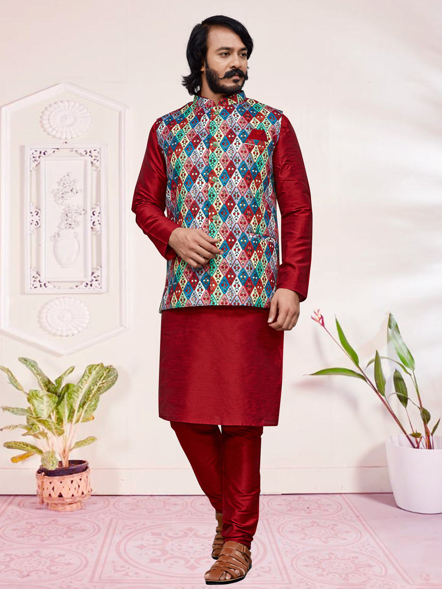 Carmine Red Art Silk Festival Printed Kurta Set With Jacket