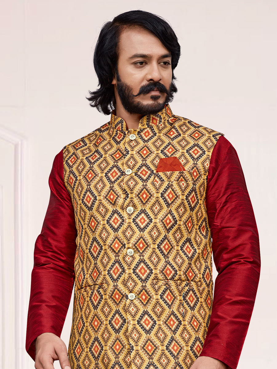 Carmine Red Art Silk Festival Printed Kurta Set With Jacket