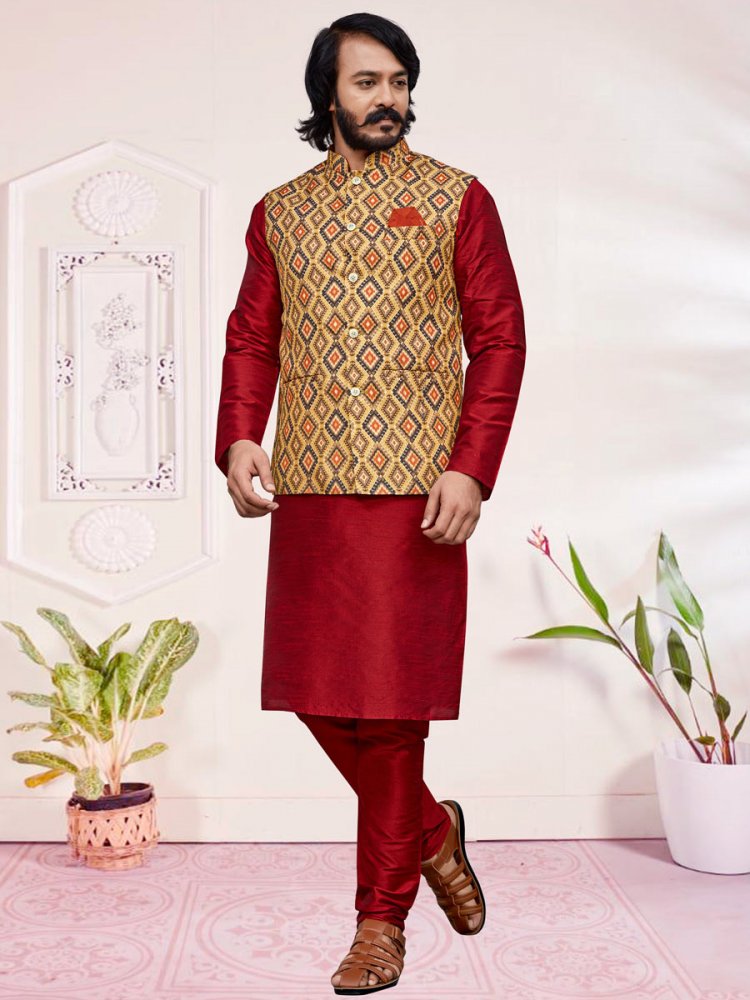 Carmine Red Art Silk Festival Printed Kurta Set With Jacket