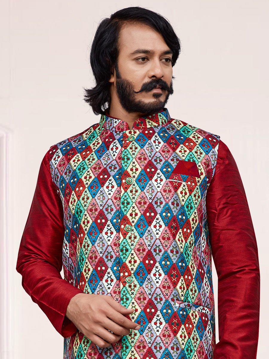 Carmine Red Art Silk Festival Printed Kurta Set With Jacket