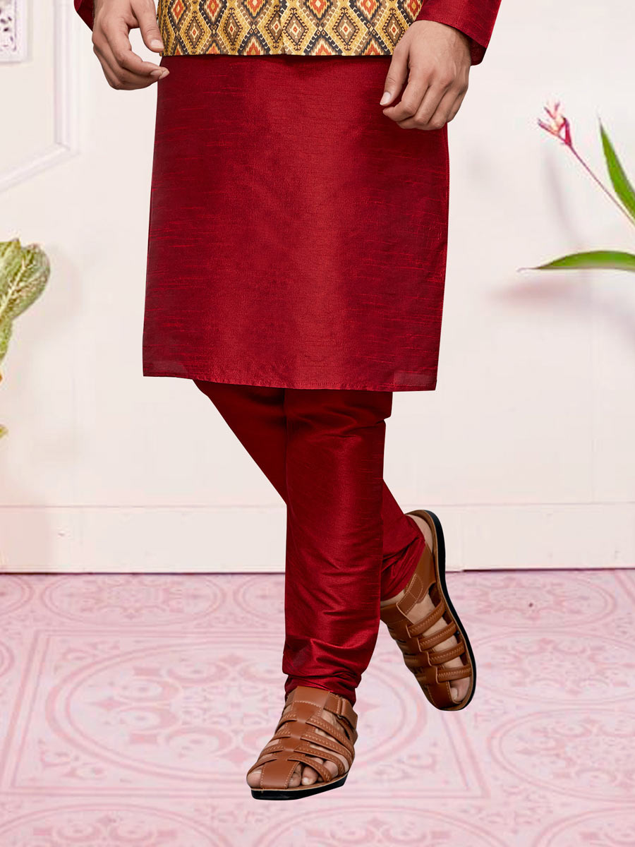 Carmine Red Art Silk Festival Printed Kurta Set With Jacket